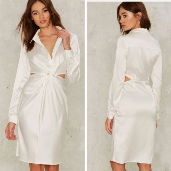 NASTY GAL Love Potion White Knot Button Closure Unlined Satin Dress- Size Large - Picture 6 of 11